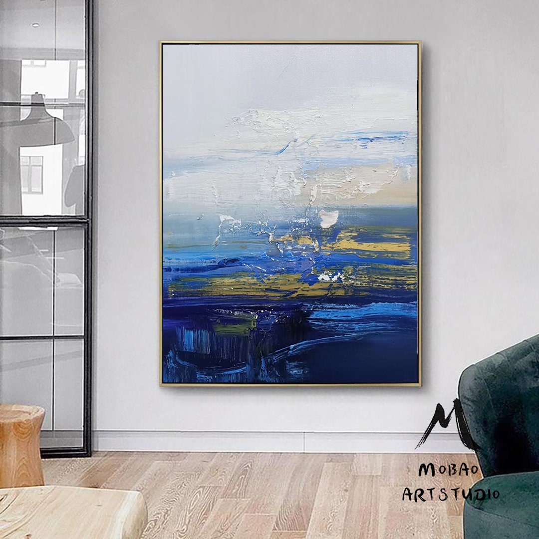 Original Deep Blue Sea Abstract Art Sky Landscape Painting,Sea Textured Abstract Painting,Abstract Art Oil Painting,Large Wall Sea Painting