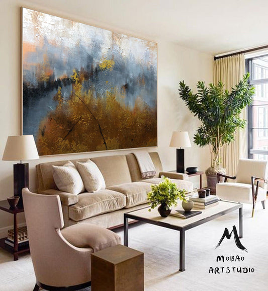 Large Abstract Painting, Large Gray Painting Gold Abstract Art Extra Large Painting on Canvas,Contemporary Art,Golden large texture painting