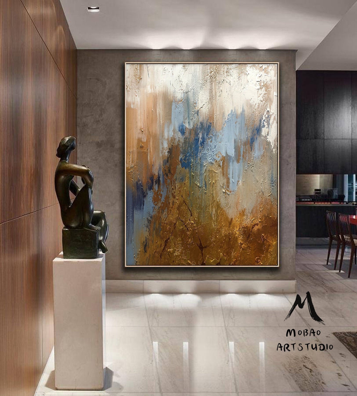 Extra Large Painting on Canvas,Contemporary Art Modern Oil Painting Original Large Abstract Painting, Large Blue Painting Gold Abstract Art