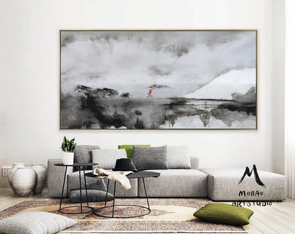 Large Rural Landscape Original Abstract Painting, Black White Abstract Painting, Large Canvas Painting,Minimalist Abstract, Contemporary art