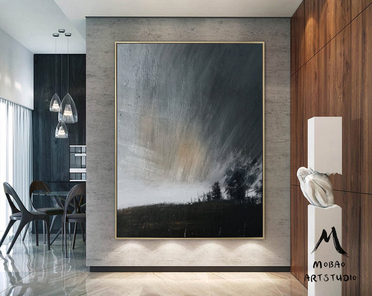 Original Gray Sky Abstract Painting, Large Wall Art Abstract Oil Painting,Extra Large Wall Art Black Abstract Painting,Large Sky Painting