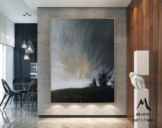Original Gray Sky Abstract Painting, Large Wall Art Abstract Oil Painting,Extra Large Wall Art Black Abstract Painting,Large Sky Painting