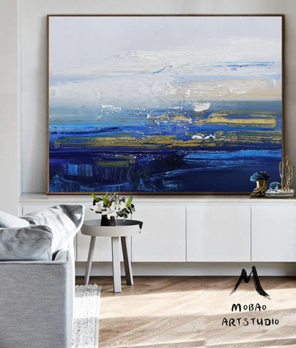 Original Large Sea Landscape Painting, Large Texture Blue Ocean Abstract Painting,Sky Abstract Painting,Large Wall Ocean Abstract Painting