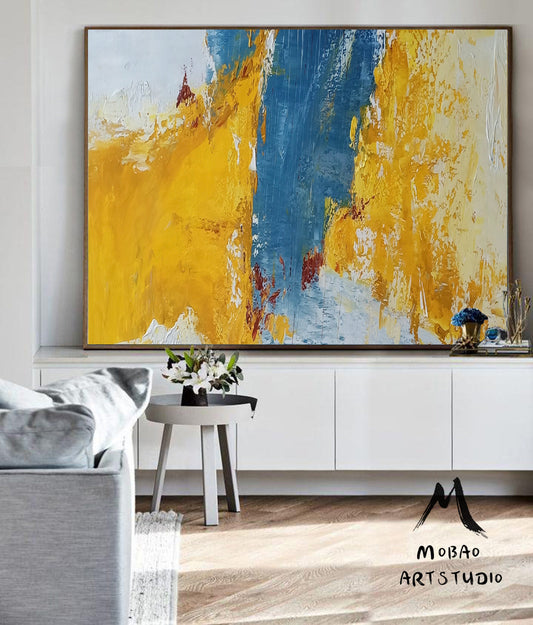 Large Wall Yellow Abstract Painting, Blue Abstract Painting, Textured Abstract Painting, Original Minimalist Style Painting,Contemporary Art