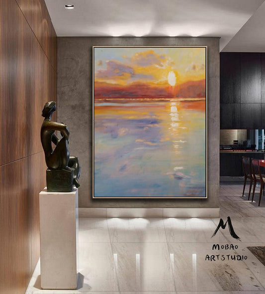 Large Sea Abstract Painting, Original Sunset Abstract Painting, Orange Abstract Painting, Large Wall Canvas Sea Painting,Canvas Abstract Art