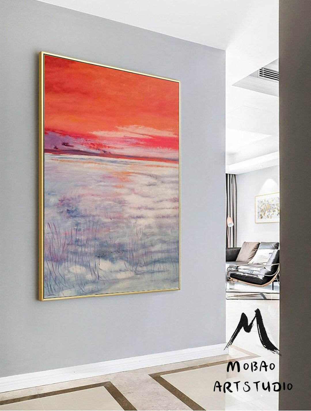 Red Sky Abstract Painting,Large Sky Abstract Painting Original Purple Abstract Painting, Large Wall Canvas Snow Painting,Canvas Abstract Art