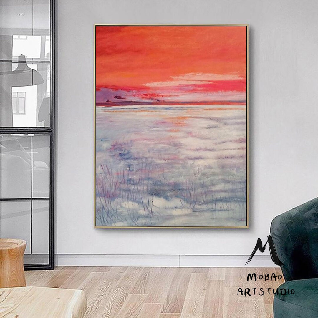 Red Sky Abstract Painting,Large Sky Abstract Painting Original Purple Abstract Painting, Large Wall Canvas Snow Painting,Canvas Abstract Art