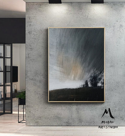 Original Gray Sky Abstract Painting, Large Wall Art Abstract Oil Painting,Extra Large Wall Art Black Abstract Painting,Large Sky Painting