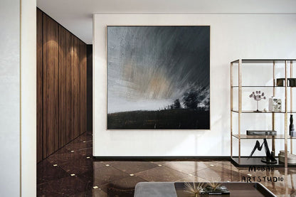 Original Gray Sky Abstract Painting, Large Wall Art Abstract Oil Painting,Extra Large Wall Art Black Abstract Painting,Large Sky Painting