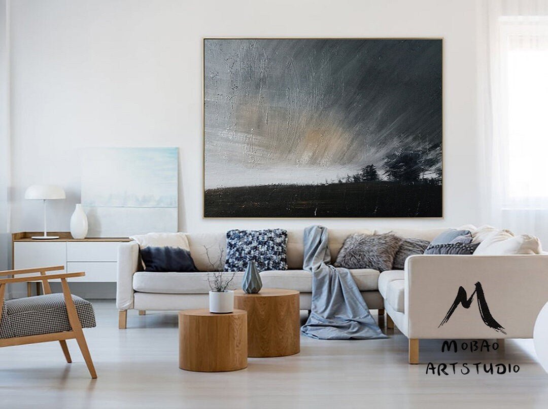 Original Gray Sky Abstract Painting, Large Sky Painting,Large Wall Art Abstract Oil Painting,Extra Black Abstract Painting Sofa Wall Art