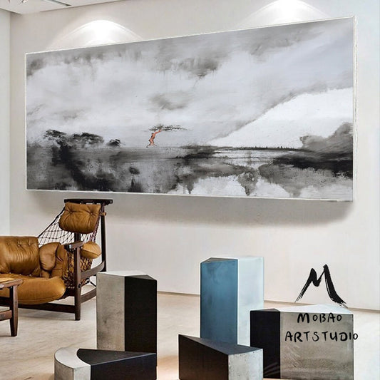 Large Rural Landscape Original Abstract Painting, Black White Abstract Painting, Large Canvas Painting,Minimalist Abstract, Contemporary art