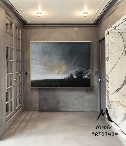 Original Gray Sky Abstract Painting, Large Sky Painting,Large Wall Art Abstract Oil Painting,Extra Black Abstract Painting Sofa Wall Art