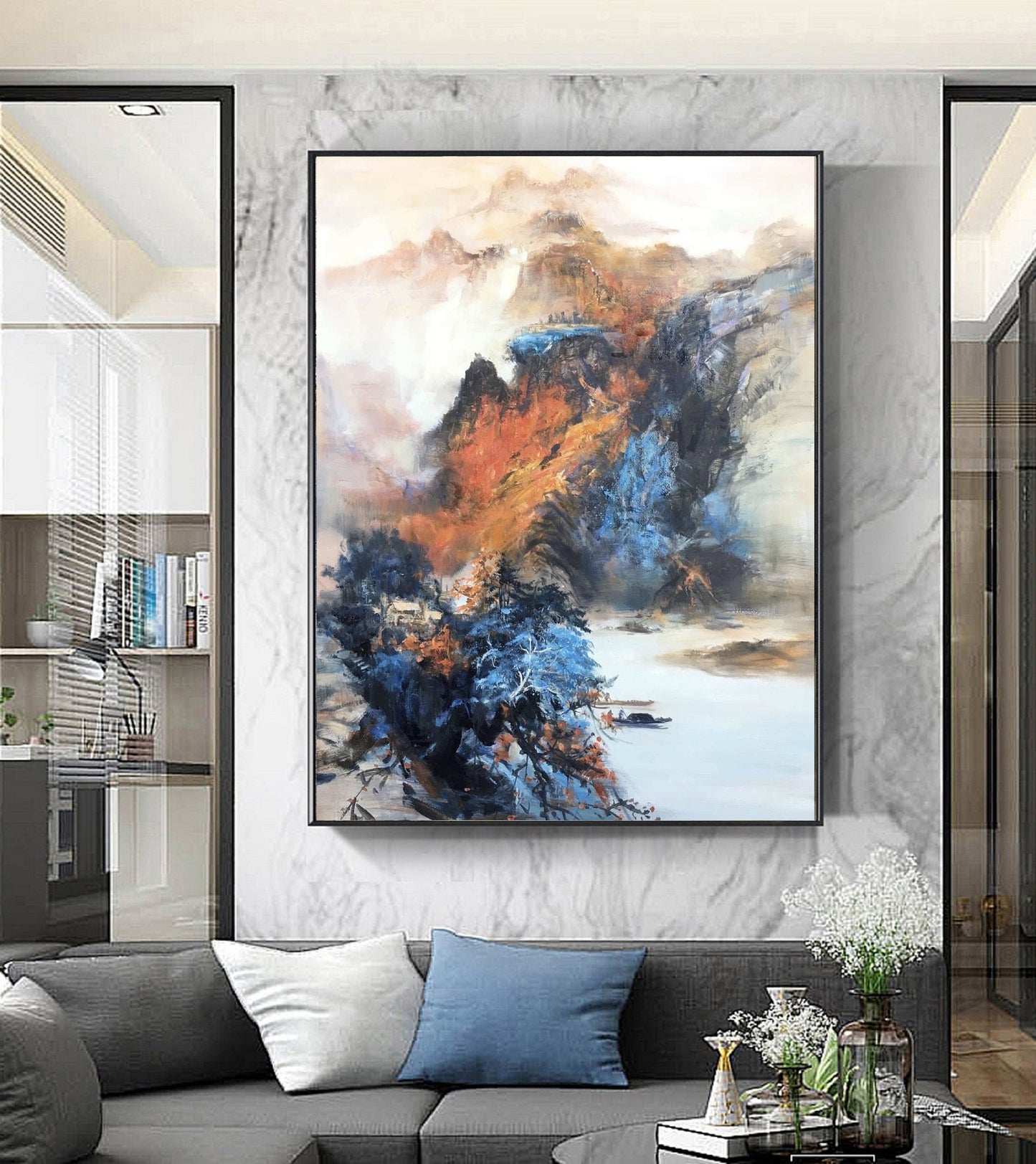 Large Landscape abstract painting,Living room art painting.Original Waterfall landscape painting,Large mountain landscape painting on Canvas