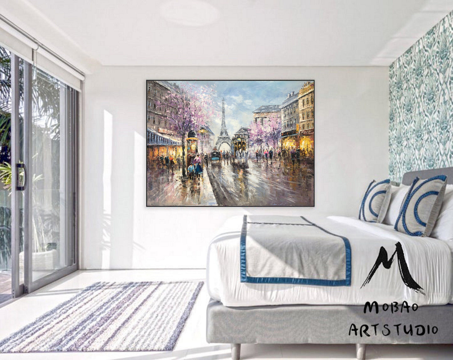 Paris City Landscape Oil Painting, Original Paris City Art Painting,People Walking In The Bustling Streets Of Paris,Living room art painting