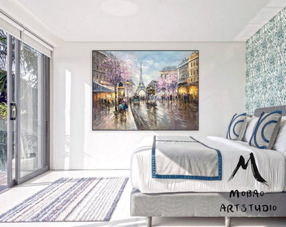 Paris City Landscape Oil Painting, Original Paris City Art Painting,People Walking In The Bustling Streets Of Paris,Living room art painting