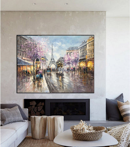 Paris City Landscape Oil Painting, Original Paris City Art Painting,People Walking In The Bustling Streets Of Paris,Living room art painting