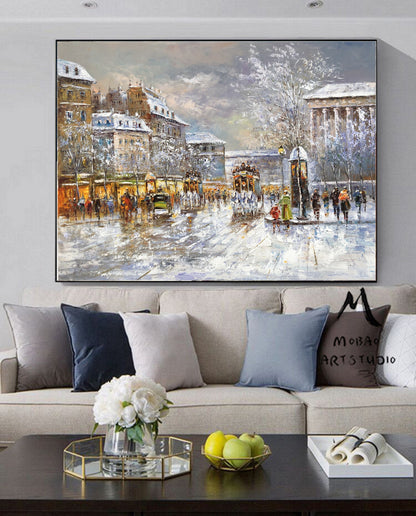 Paris City Landscape Oil Painting, Original Paris City Art Painting,People Walking In The Bustling Streets Of Paris, Christmas gift.