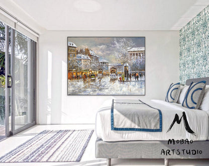 Paris City Landscape Oil Painting, Original Paris City Art Painting,People Walking In The Bustling Streets Of Paris, Christmas gift.