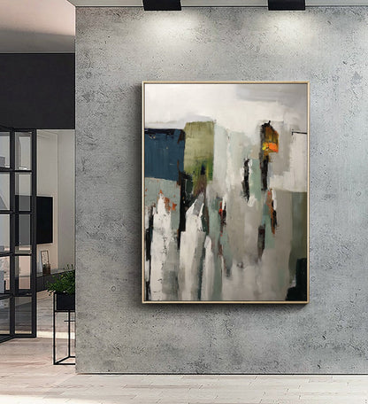 Original Abstract Painting, Gray White Painting, Contemporary Art, Green Abstract Painting, Minimalist Painting, Large Wall Canvas Painting