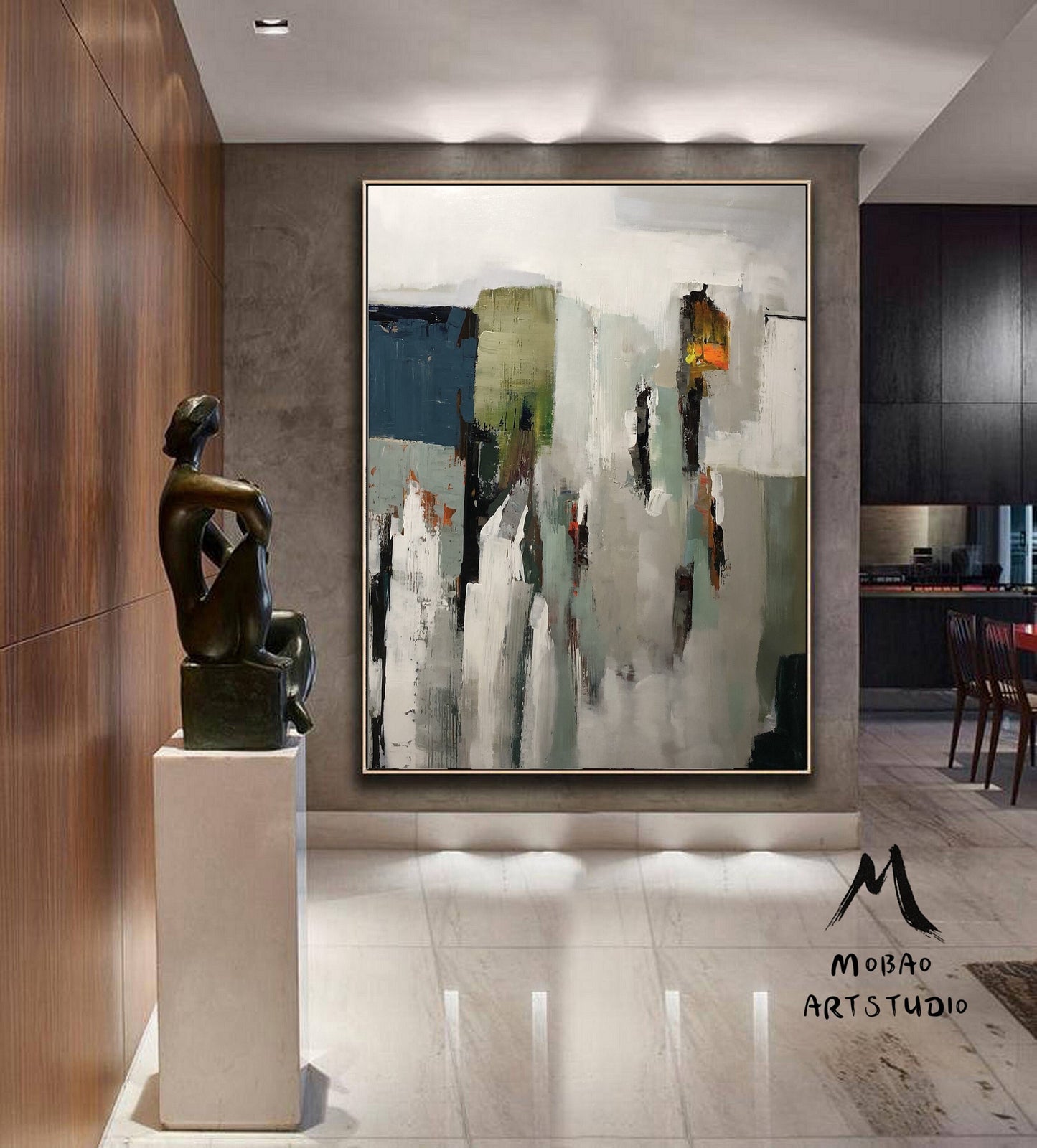 Original Abstract Painting, Gray White Painting, Contemporary Art, Green Abstract Painting, Minimalist Painting, Large Wall Canvas Painting