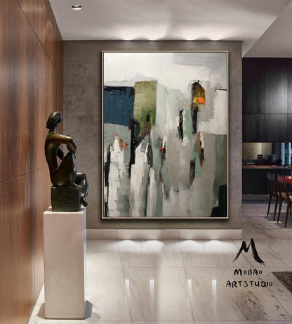 Original Abstract Painting, Gray White Painting, Contemporary Art, Green Abstract Painting, Minimalist Painting, Large Wall Canvas Painting