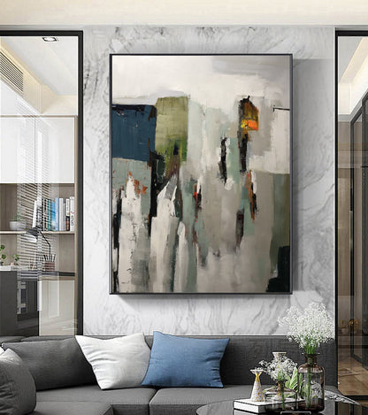 Original Abstract Painting, Gray White Painting, Contemporary Art, Green Abstract Painting, Minimalist Painting, Large Wall Canvas Painting