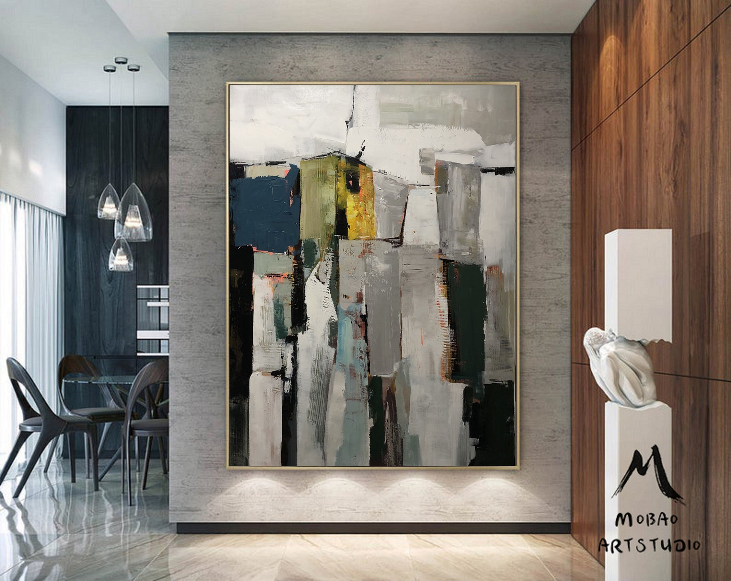 Original Abstract Painting, Gray White Painting,Green Abstract Painting, Minimalist Painting, Large Wall Canvas Painting, Contemporary Art