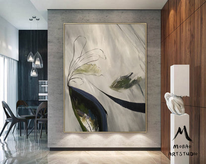 Large Minimalist Art Painting,Gray White Painting,Large Wall Canvas Painting, Original Abstract Painting,Emerald Green Abstract Painting