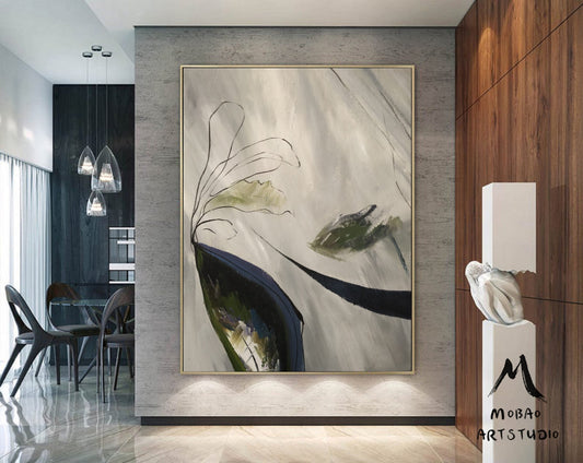 Large Minimalist Art Painting,Gray White Painting,Large Wall Canvas Painting, Original Abstract Painting,Emerald Green Abstract Painting