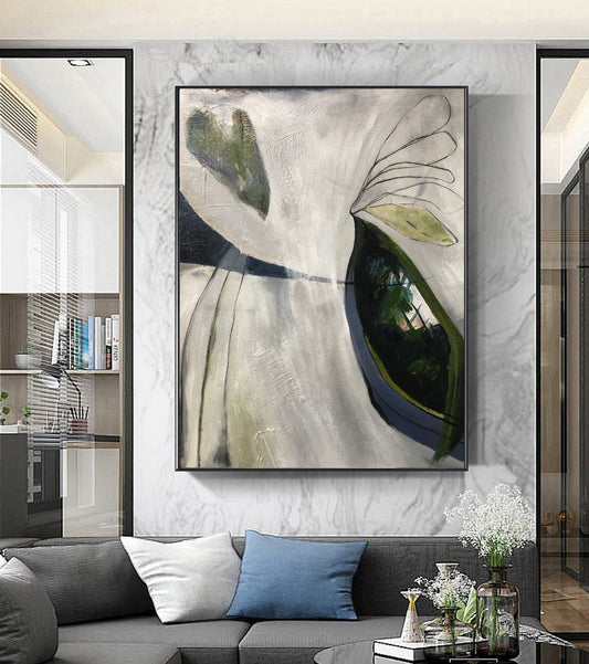 Large Minimalist Art Painting,Original Abstract Painting,Emerald Green Abstract Painting,Gray White Painting,Large Wall Canvas Painting