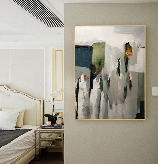 Original Abstract Painting, Gray White Painting, Contemporary Art, Green Abstract Painting, Minimalist Painting, Large Wall Canvas Painting