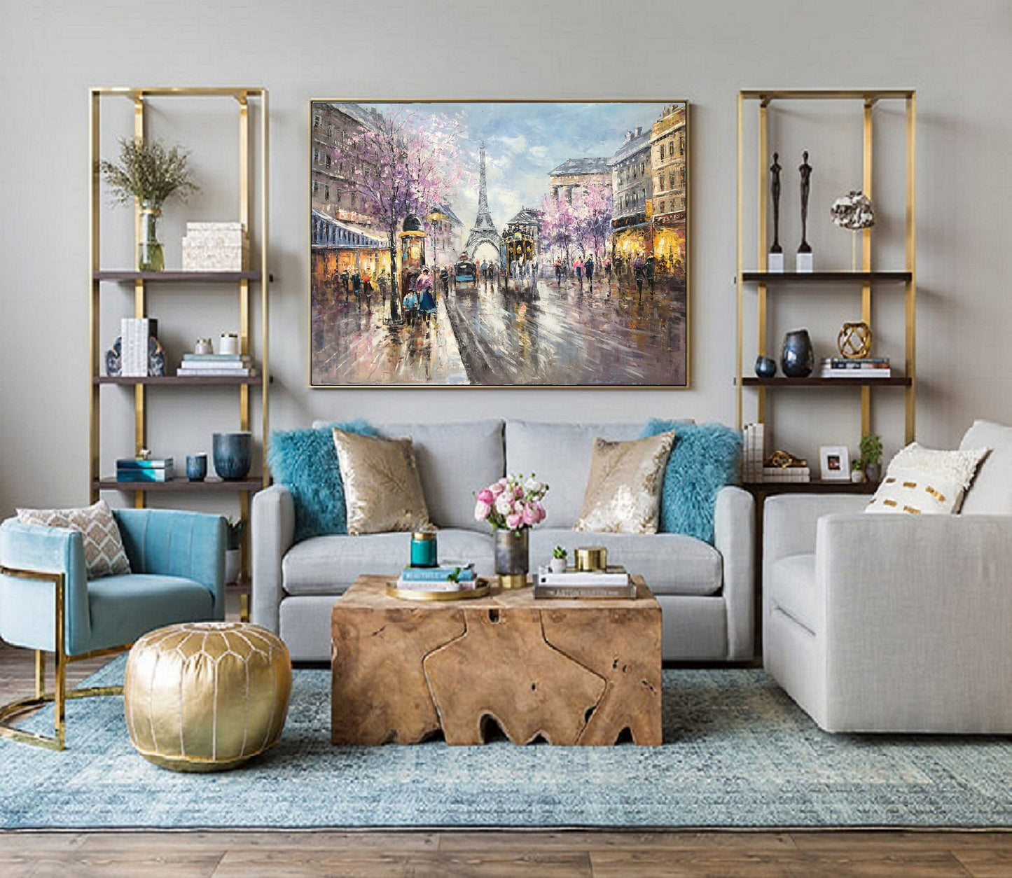 Paris City Landscape Oil Painting, Original Paris City Art Painting,People Walking In The Bustling Streets Of Paris,Living room art painting