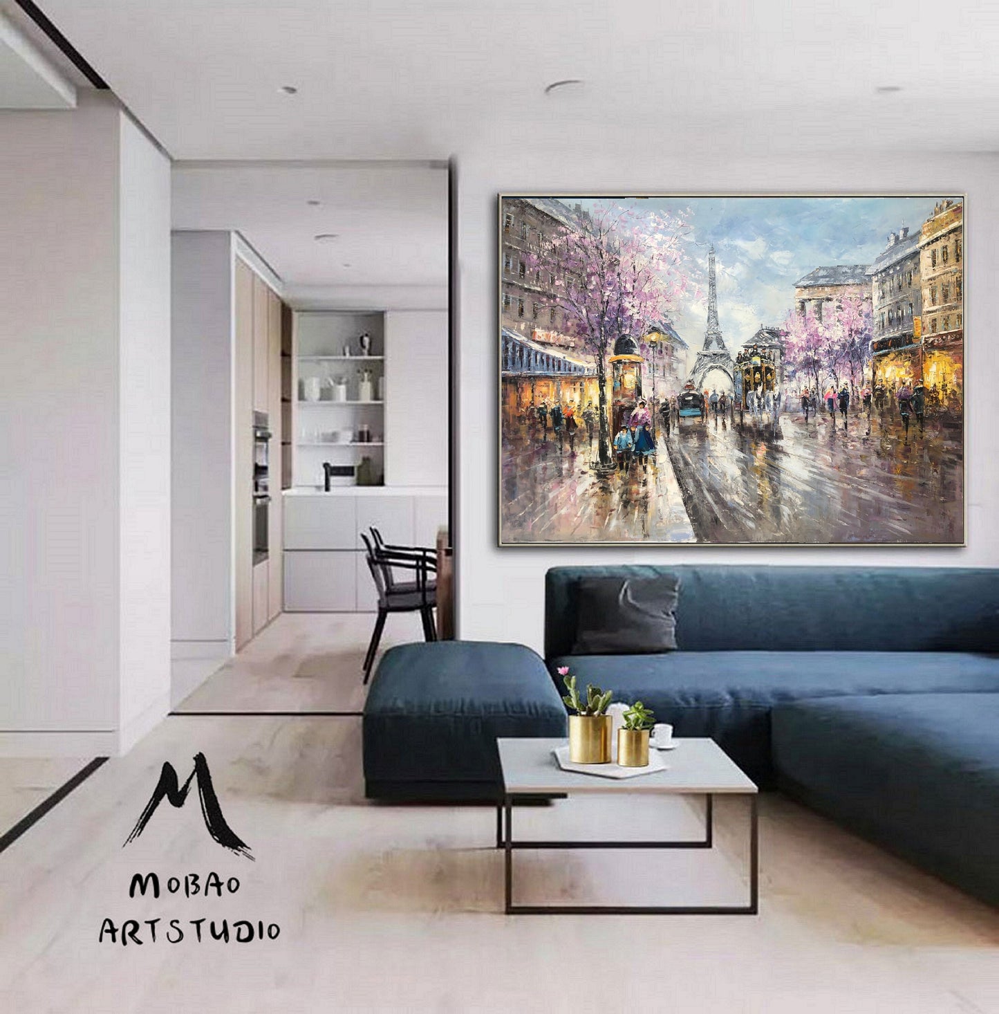 Paris City Landscape Oil Painting, Original Paris City Art Painting,People Walking In The Bustling Streets Of Paris,Living room art painting