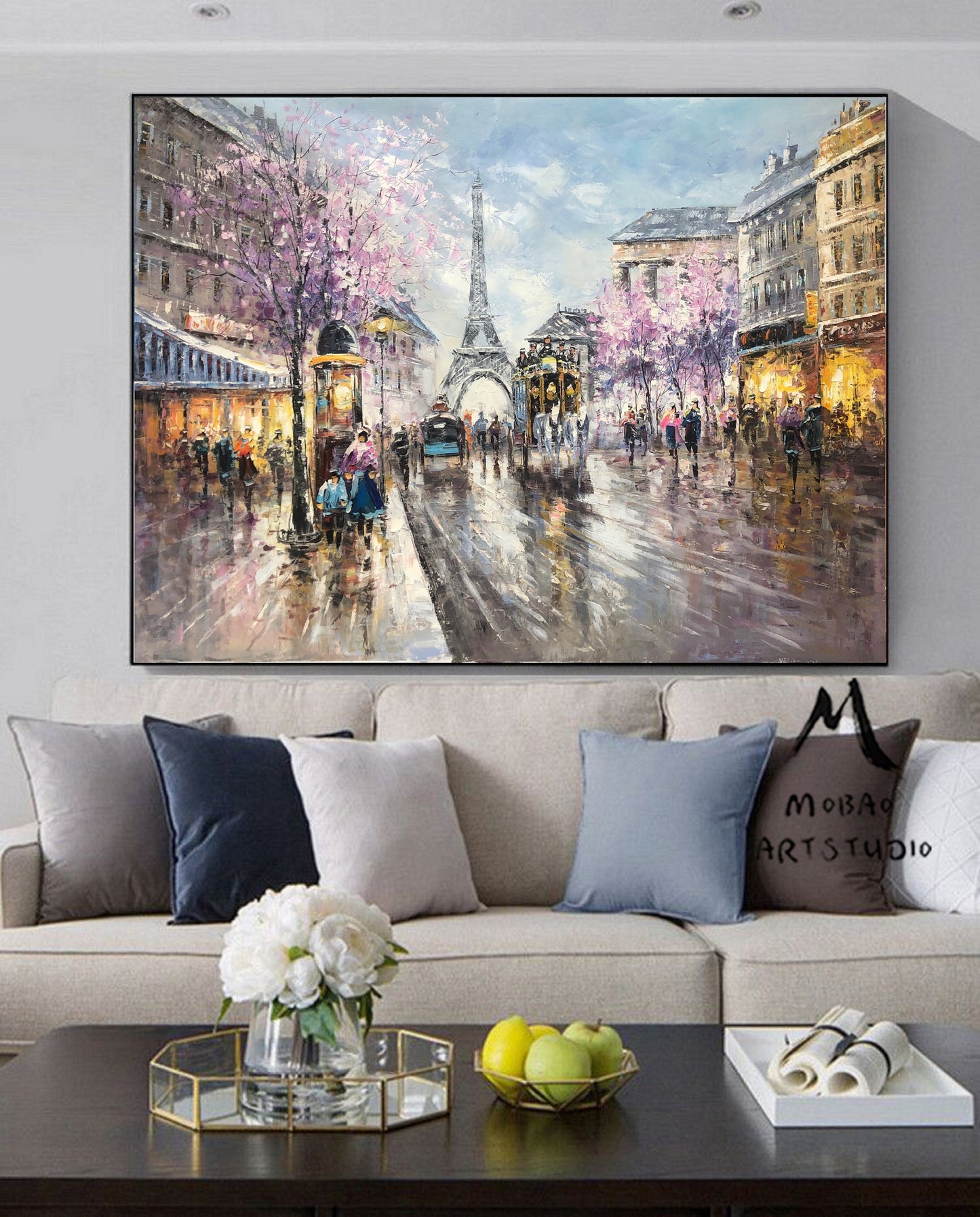 Paris City Landscape Oil Painting, Original Paris City Art Painting,People Walking In The Bustling Streets Of Paris,Living room art painting