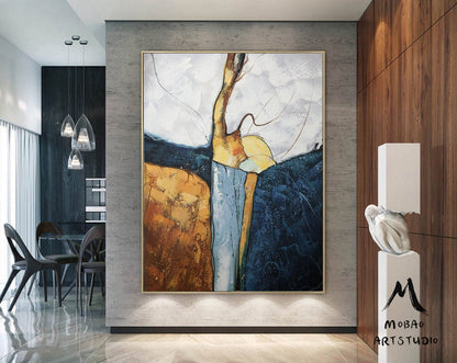 Large Abstract Painting,Dark Blue Painting Gold Painting, Minimalist Painting,Original Abstract Painting, Living Room Wall Art #Waterfall