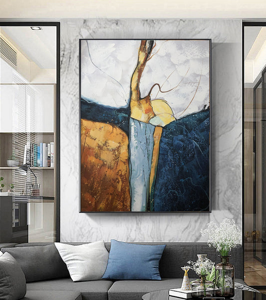 Large Abstract Painting,Dark Blue Painting Gold Painting, Minimalist Painting,Original Abstract Painting, Living Room Wall Art #Waterfall