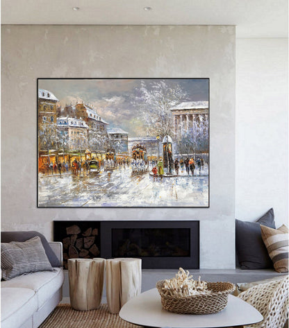 Paris City Landscape Oil Painting, Original Paris City Art Painting,People Walking In The Bustling Streets Of Paris, Christmas gift.