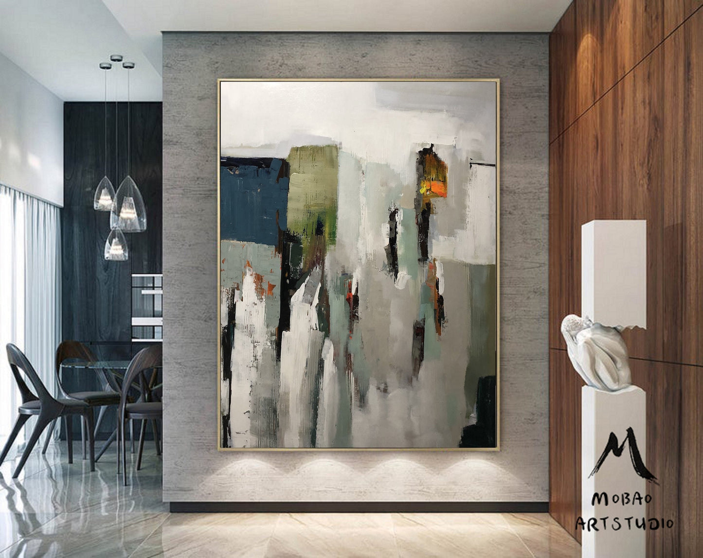 Original Abstract Painting, Gray White Painting, Contemporary Art, Green Abstract Painting, Minimalist Painting, Large Wall Canvas Painting