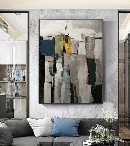 Original Abstract Painting, Gray White Painting,Green Abstract Painting, Minimalist Painting, Large Wall Canvas Painting, Contemporary Art