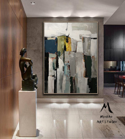 Original Abstract Painting, Gray White Painting,Green Abstract Painting, Minimalist Painting, Large Wall Canvas Painting, Contemporary Art