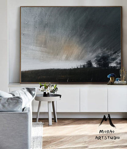 Original Gray Sky Abstract Painting, Large Sky Painting,Large Wall Art Abstract Oil Painting,Extra Black Abstract Painting Sofa Wall Art