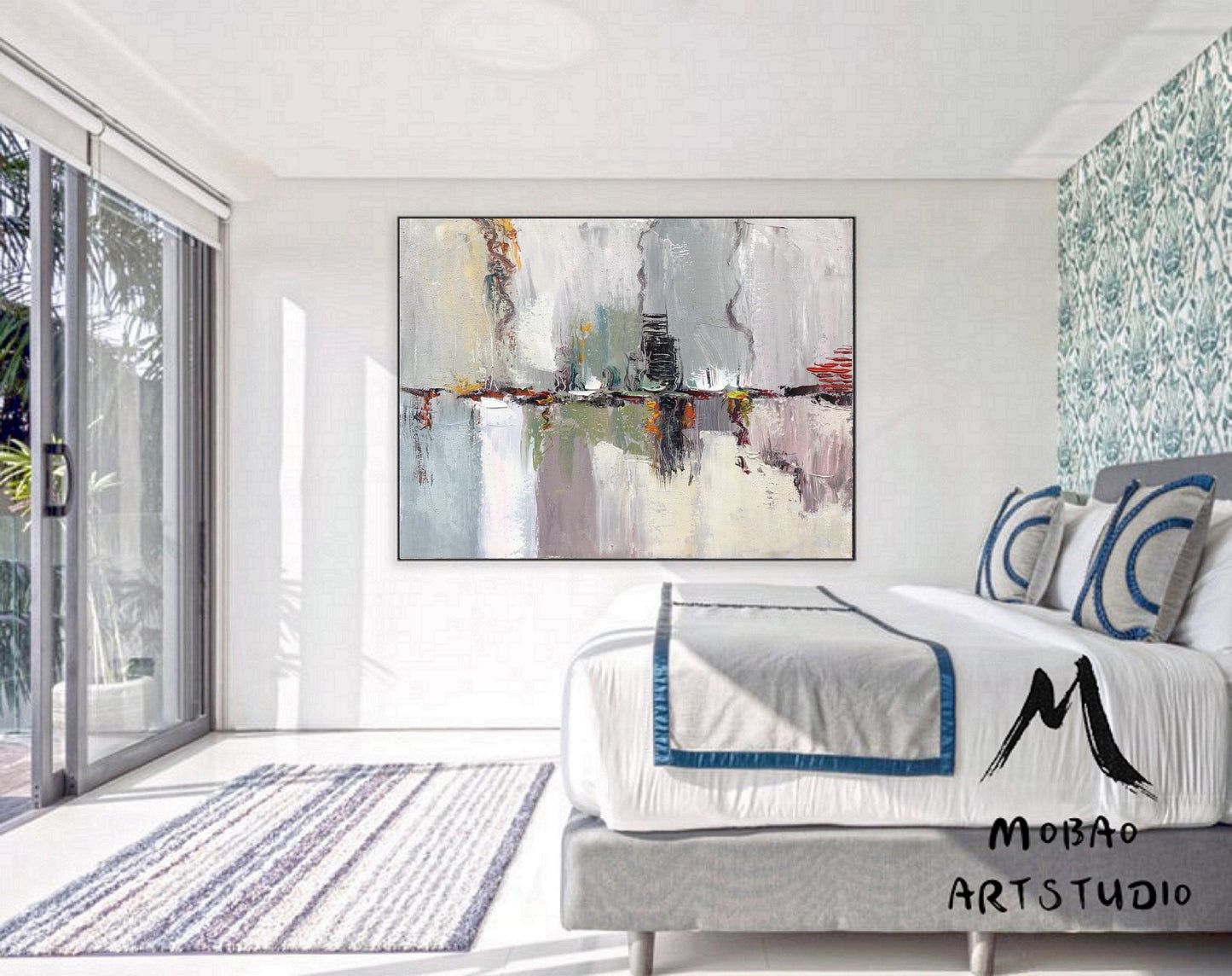 White Texture Abstract Painting, Large Abstract Art, Original Ocean Abstract Painting, Gray Green Abstract Painting, Large Abstract Painting