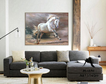 White Horse Painting Large Canvas Art Horse Decor Horse Oil Painting Large Oil Painting Horse Wall Art Large Wall Art Living Room Art #M5140