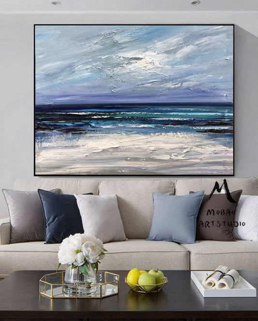 Large Blue Sea Abstract Art, Dark Blue Ocean Abstract Painting,Large Texture Abstract Canvas Oil Painting,Sky Abstract Landscape Painting