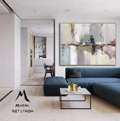 White Texture Abstract Painting, Large Abstract Art, Original Ocean Abstract Painting, Gray Green Abstract Painting, Large Abstract Painting