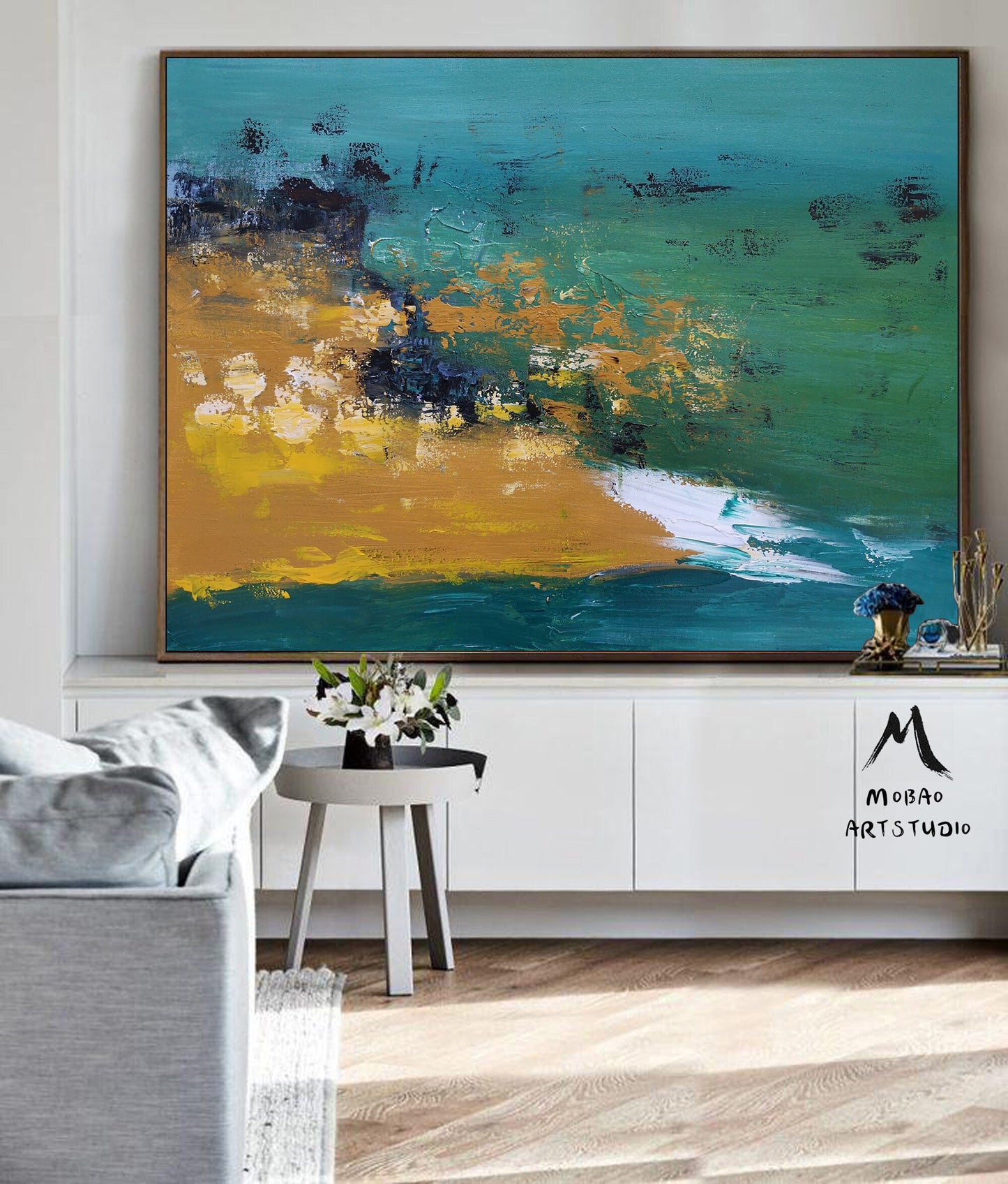 Original Green Abstract Painting, Large Texture Abstract Painting Modern Abstract Art Yellow Painting White Painting,Modern Living Room Art