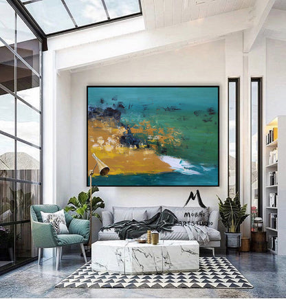 Original Green Abstract Painting, Large Texture Abstract Painting Modern Abstract Art Yellow Painting White Painting,Modern Living Room Art