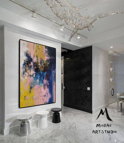 Pink Abstract Painting,Original Modern Abstract Art,Blue Abstract Painting Yellow Painting,Living Room Art, Large Texture Abstract Painting