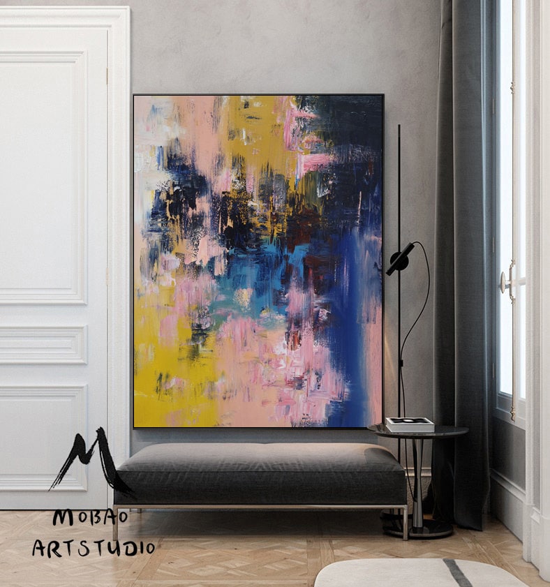 Pink Abstract Painting,Original Modern Abstract Art,Blue Abstract Painting Yellow Painting,Living Room Art, Large Texture Abstract Painting