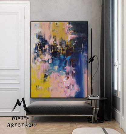 Pink Abstract Painting,Original Modern Abstract Art,Blue Abstract Painting Yellow Painting,Living Room Art, Large Texture Abstract Painting
